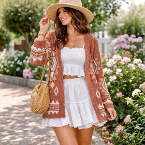 New In Aztec Print Open Front Cardigan Boho Cozy